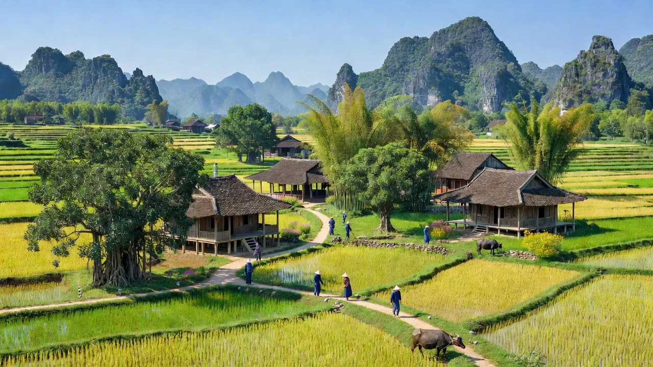 Khung cảnh Yên Đồng, huyện Yên Mô, Ninh Bình với ánh sáng mặt trời chiếu rọi, thể hiện vẻ đẹp quê hương.