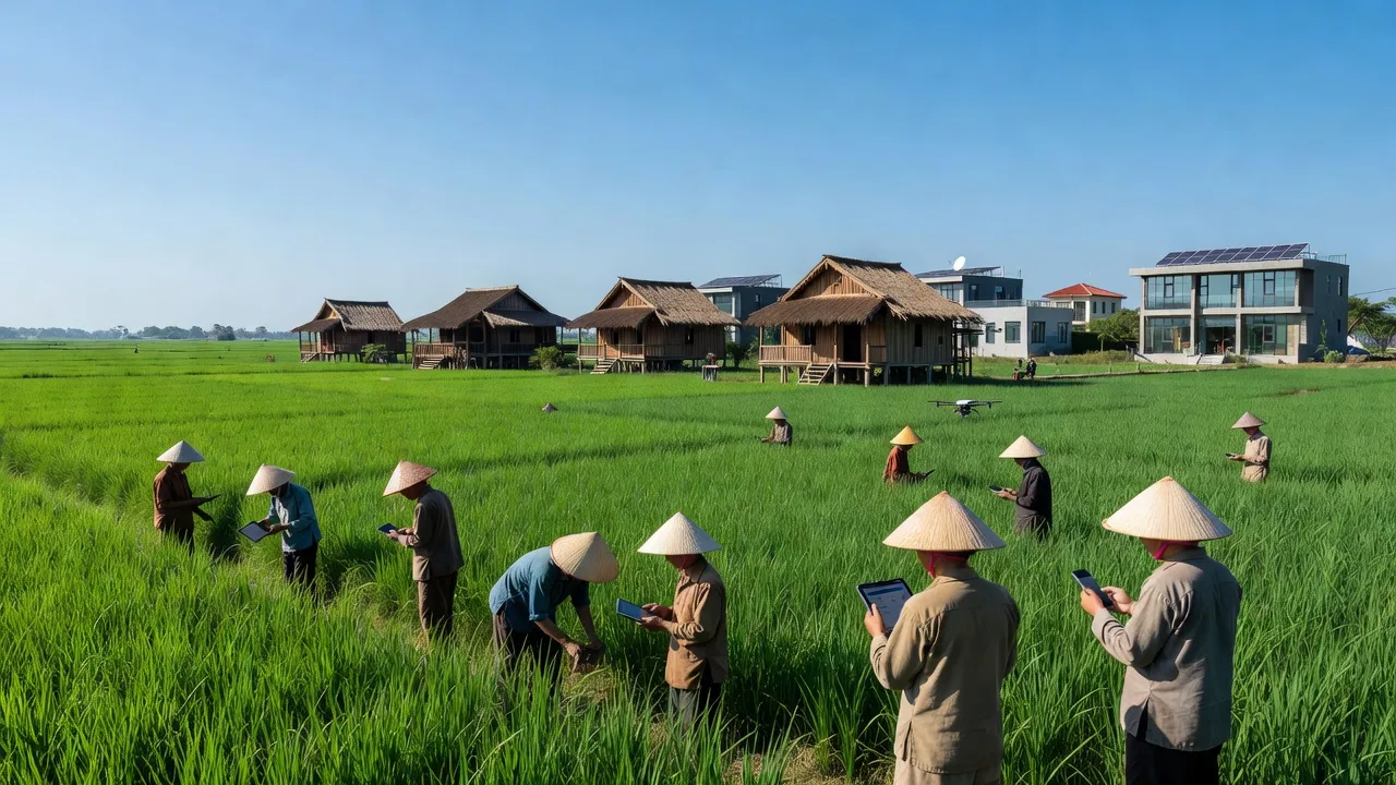 Cảnh đồng quê Yên Hòa, Ninh Bình với nông dân làm việc, thể hiện nông thôn mới và chuyển đổi số.