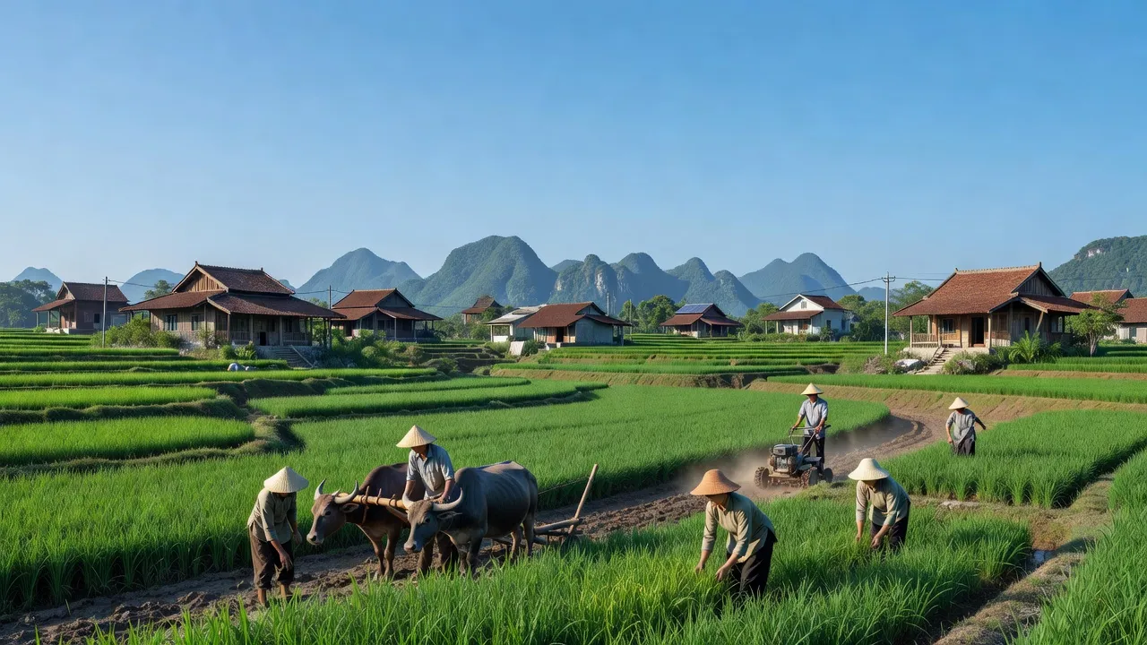 Khung cảnh xã Yên Hòa, Ninh Bình với cánh đồng xanh và nhà nông dân truyền thống.