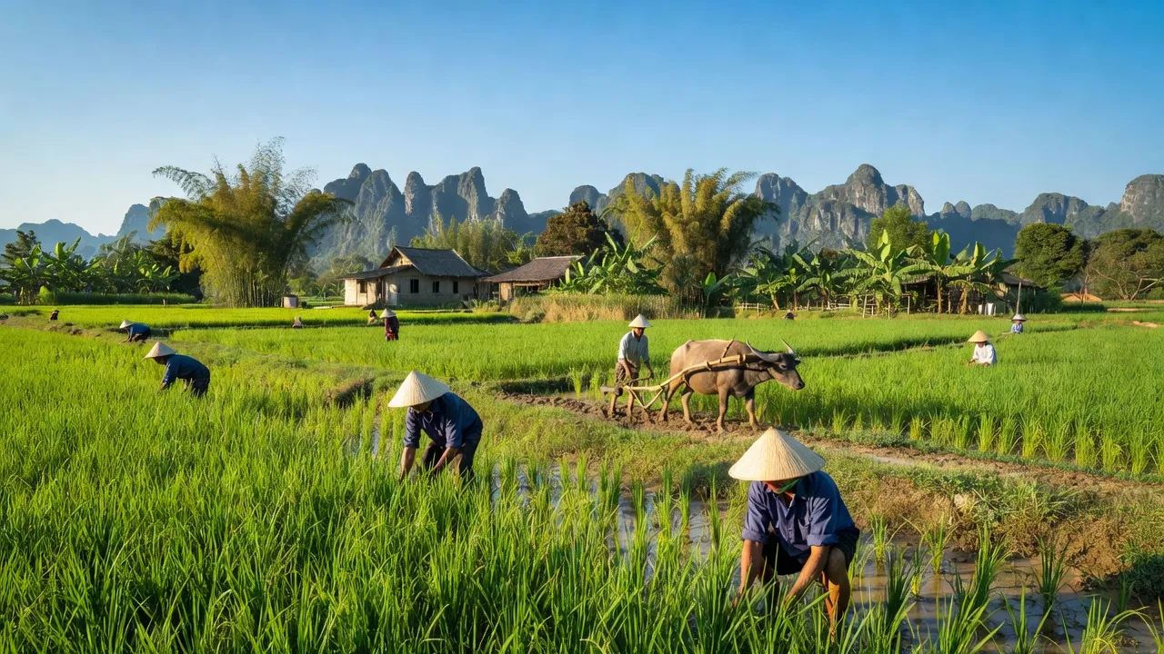 Khung cảnh nông thôn xã Yên Lâm, huyện Yên Mô, Ninh Bình với cánh đồng xanh và người nông dân.
