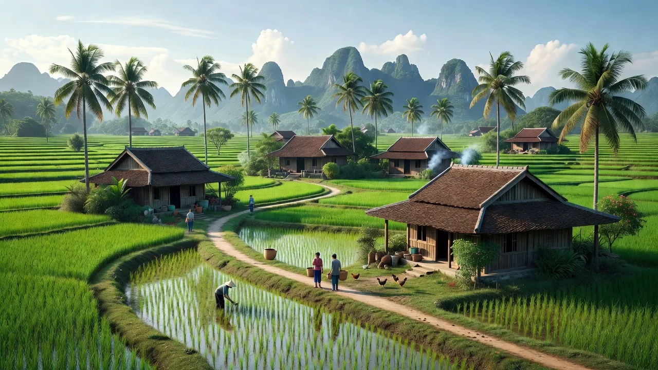 Khung cảnh nông thôn Yên Lâm, Ninh Bình với cánh đồng xanh mướt và nhà truyền thống.