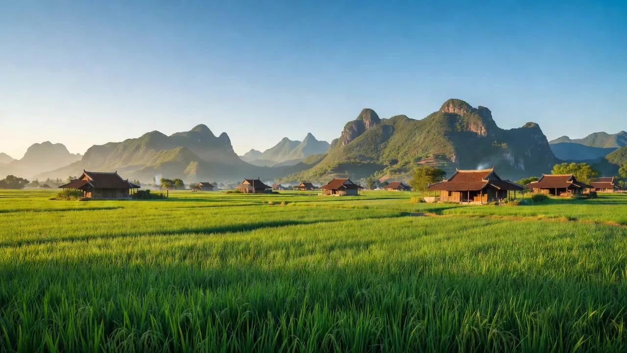 Cánh đồng xanh và ngôi nhà truyền thống ở xã Yên Mạc, huyện Yên Mô, Ninh Bình, Việt Nam.