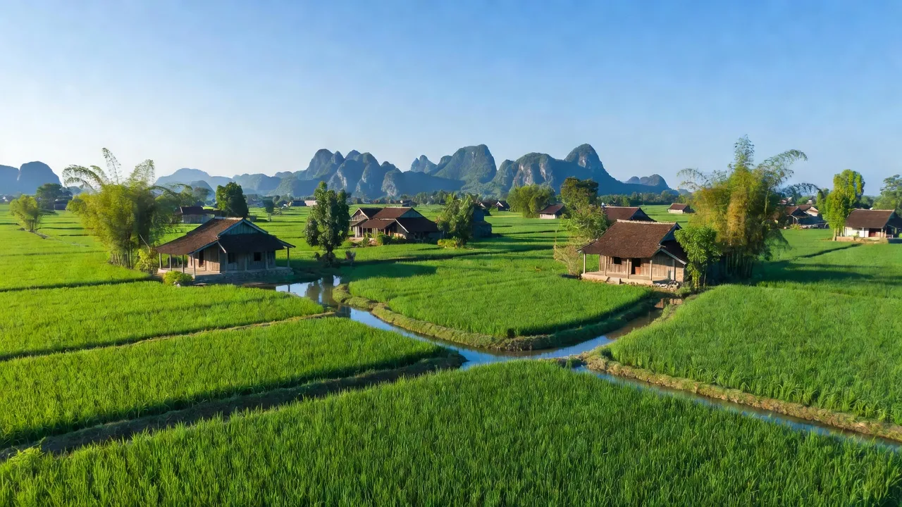 Khung cảnh Yên Mạc, huyện Yên Mô, Ninh Bình với cánh đồng xanh tươi và nhà truyền thống.