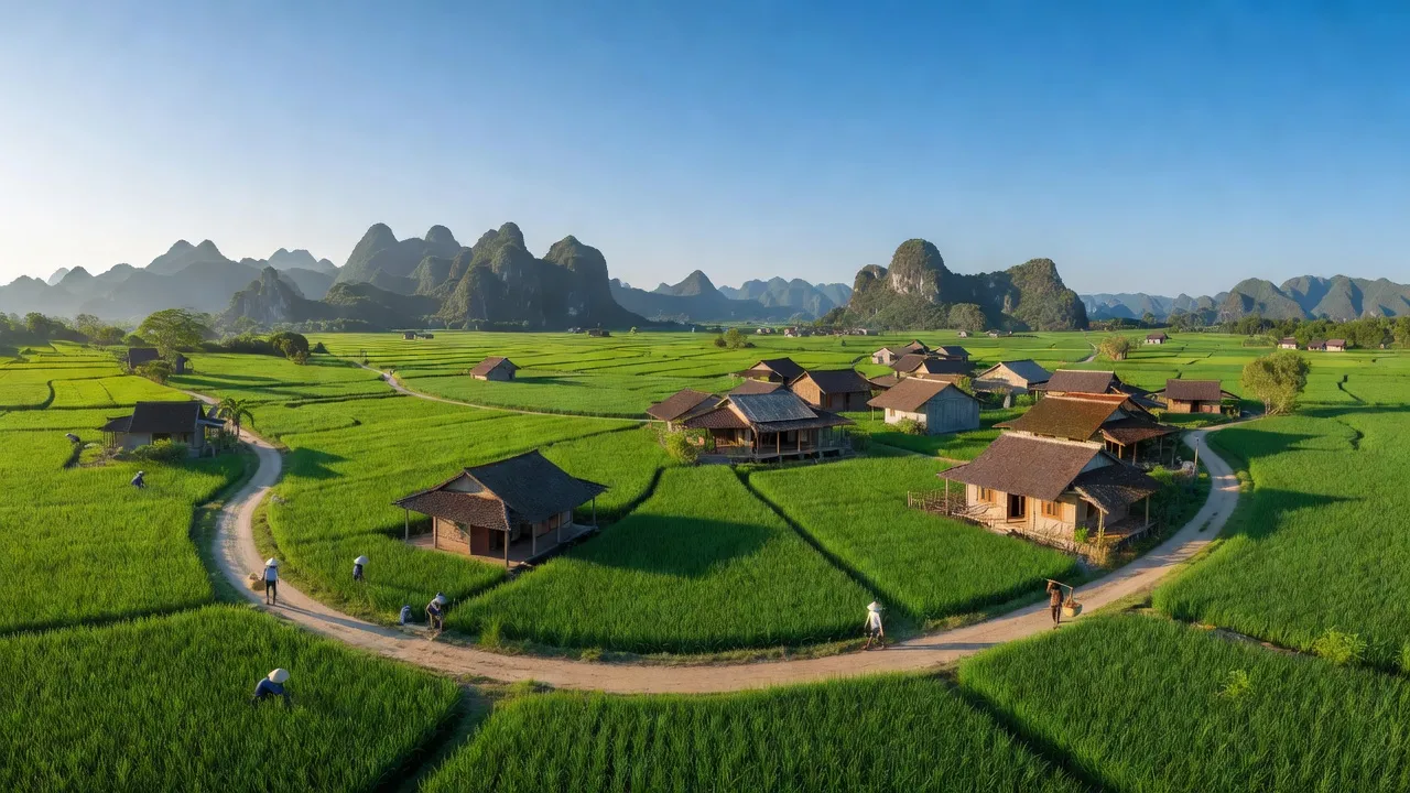 Cảnh đẹp xã Yên Nhân huyện Yên Mô Ninh Bình với cánh đồng xanh mướt và đường làng.