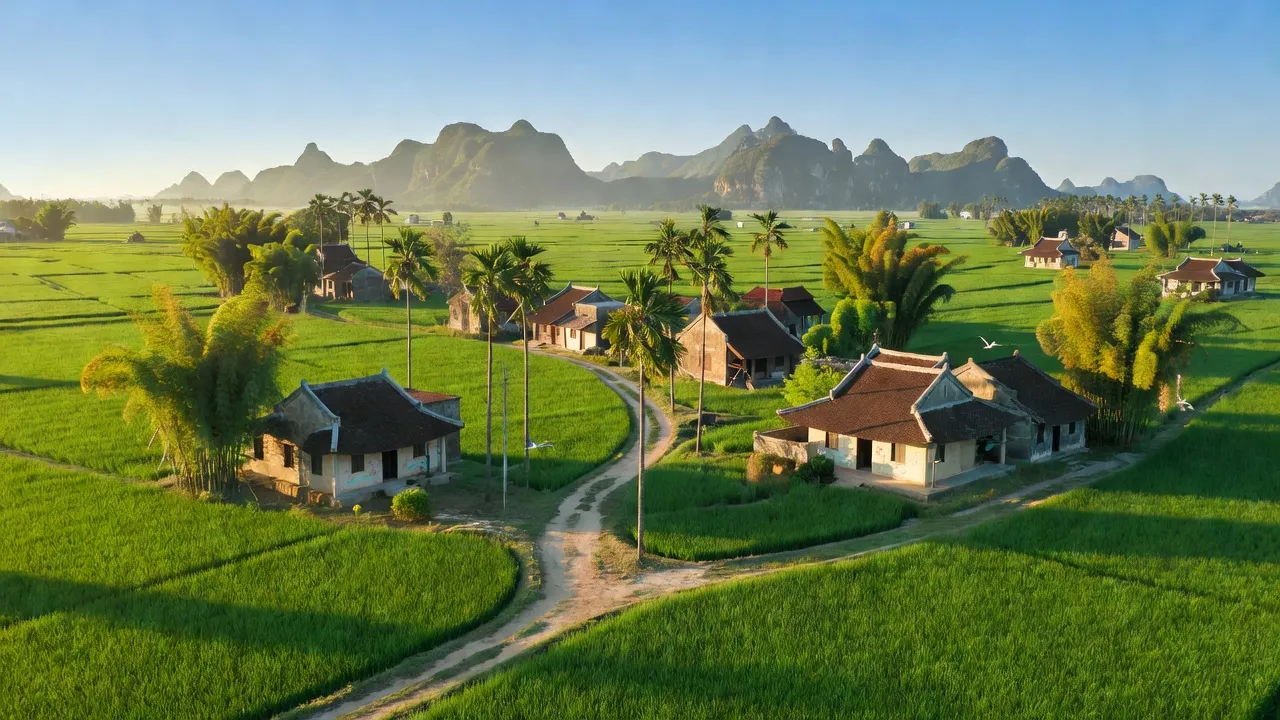 Cảnh quan xã Yên Phong, huyện Yên Mô, tỉnh Ninh Bình với cánh đồng xanh tươi và kiến trúc truyền thống.