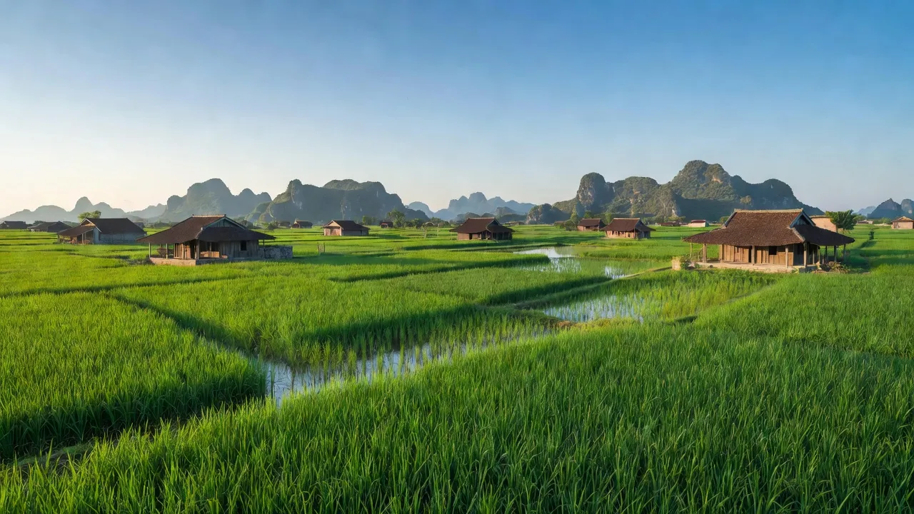 Cảnh quan yên bình ở xã Yên Phong, huyện Yên Mô, tỉnh Ninh Bình với cánh đồng xanh tươi.