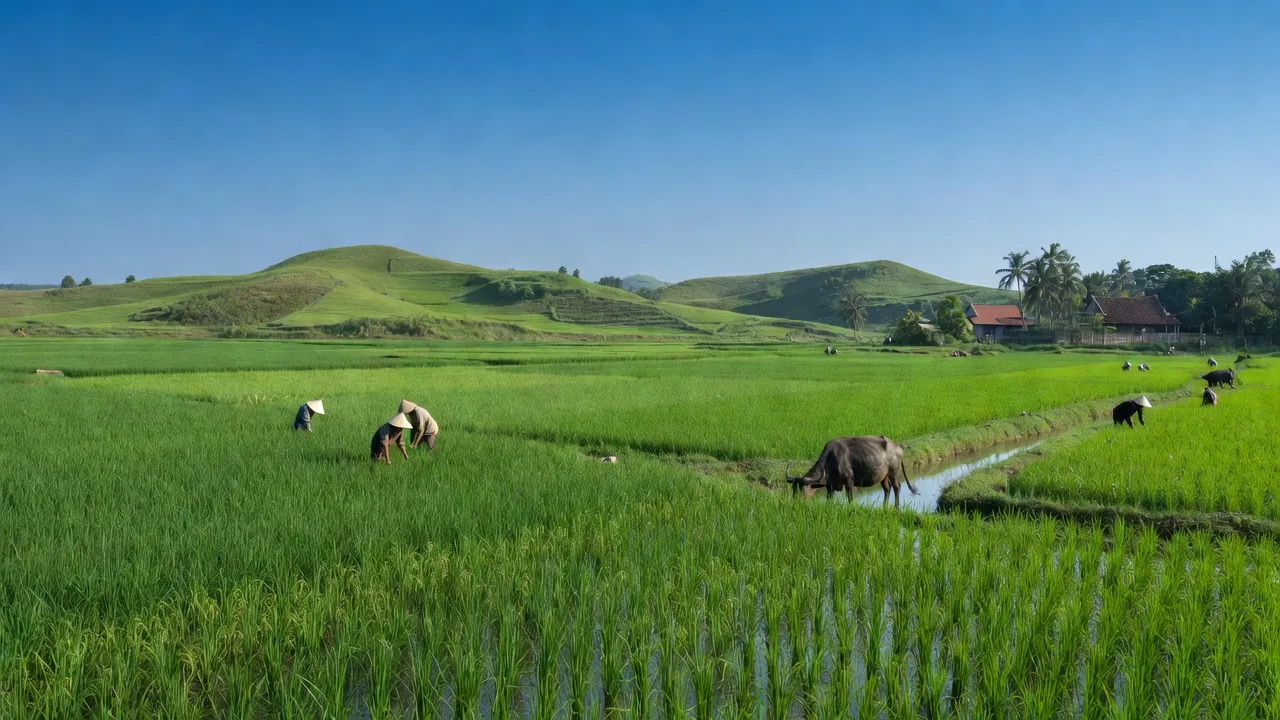 Cảnh quan đẹp của xã Yên Thái, huyện Yên Mô, Ninh Bình, với cánh đồng và bầu trời trong xanh.