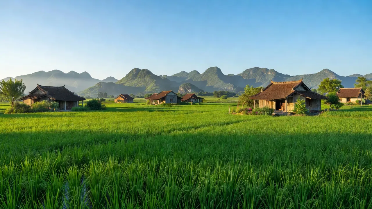 Cảnh quan xã Yên Thái, huyện Yên Mô, tỉnh Ninh Bình với cánh đồng xanh tươi và ngôi nhà truyền thống.