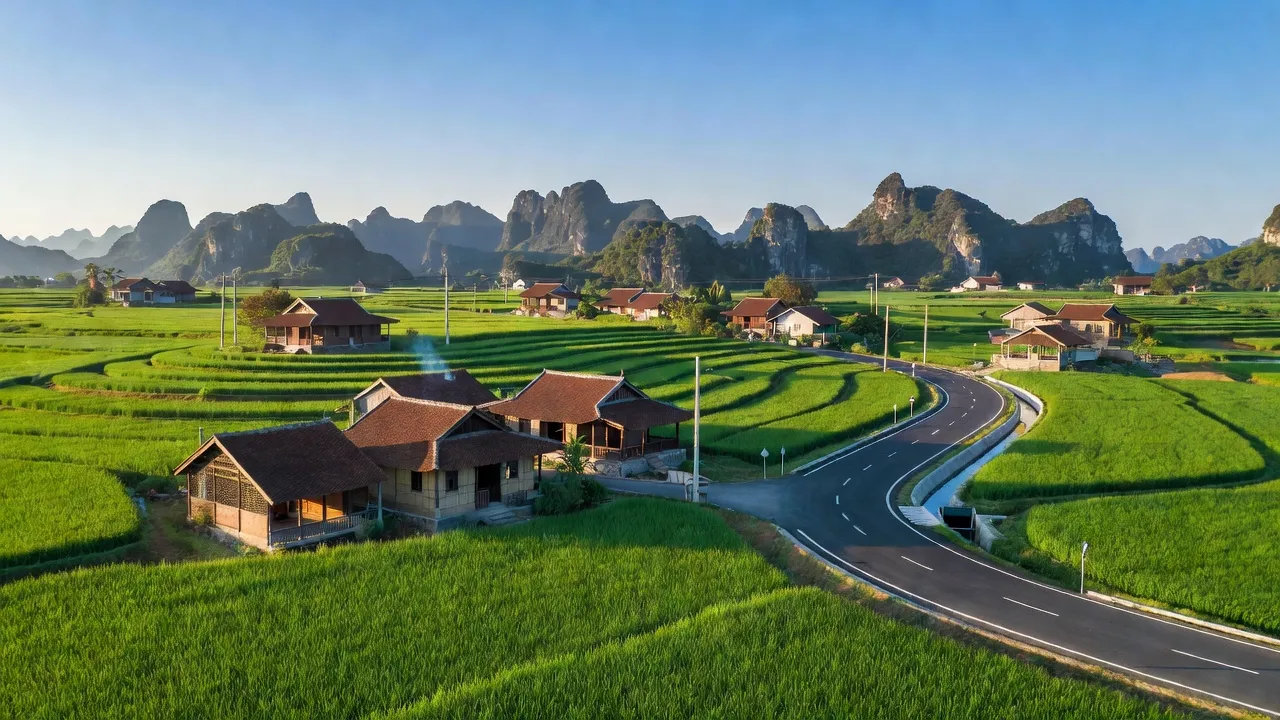Cảnh đẹp xã Yên Thắng, Ninh Bình với cánh đồng xanh, nhà truyền thống và bầu trời trong sáng.