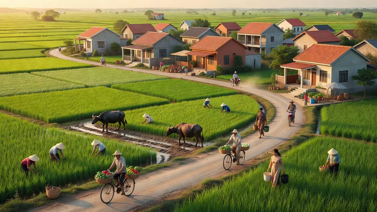 Cảnh quan xã Yên Thắng, huyện Yên Mô, Ninh Bình với cánh đồng và nhà cửa cùng sự phát triển hạ tầng.