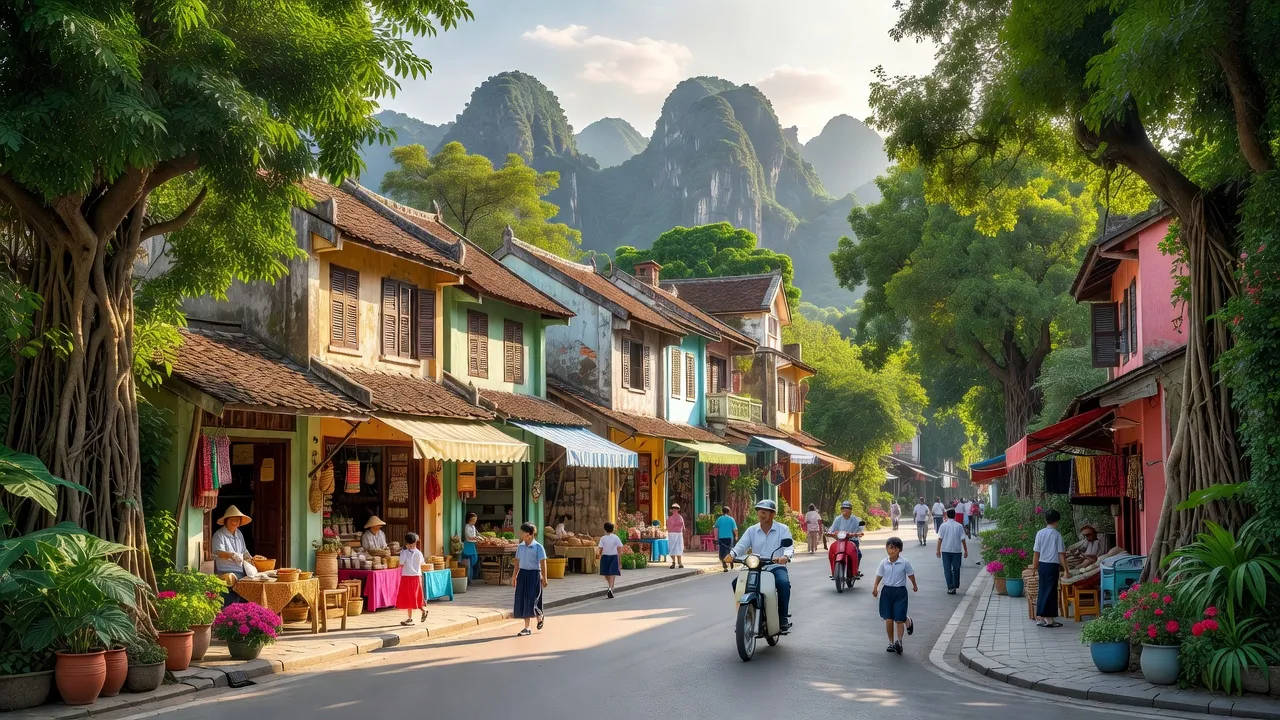 Khung cảnh thị trấn Yên Thịnh, Ninh Bình với kiến trúc địa phương và không gian cây xanh.