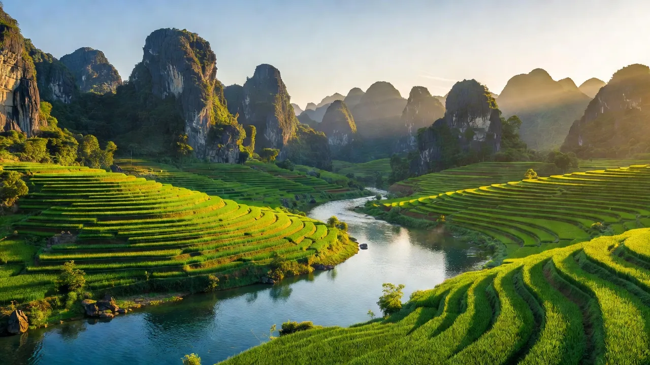 Khung cảnh thiên nhiên Ninh Bình với núi non, ruộng bậc thang, và dòng sông xanh đẹp mắt.