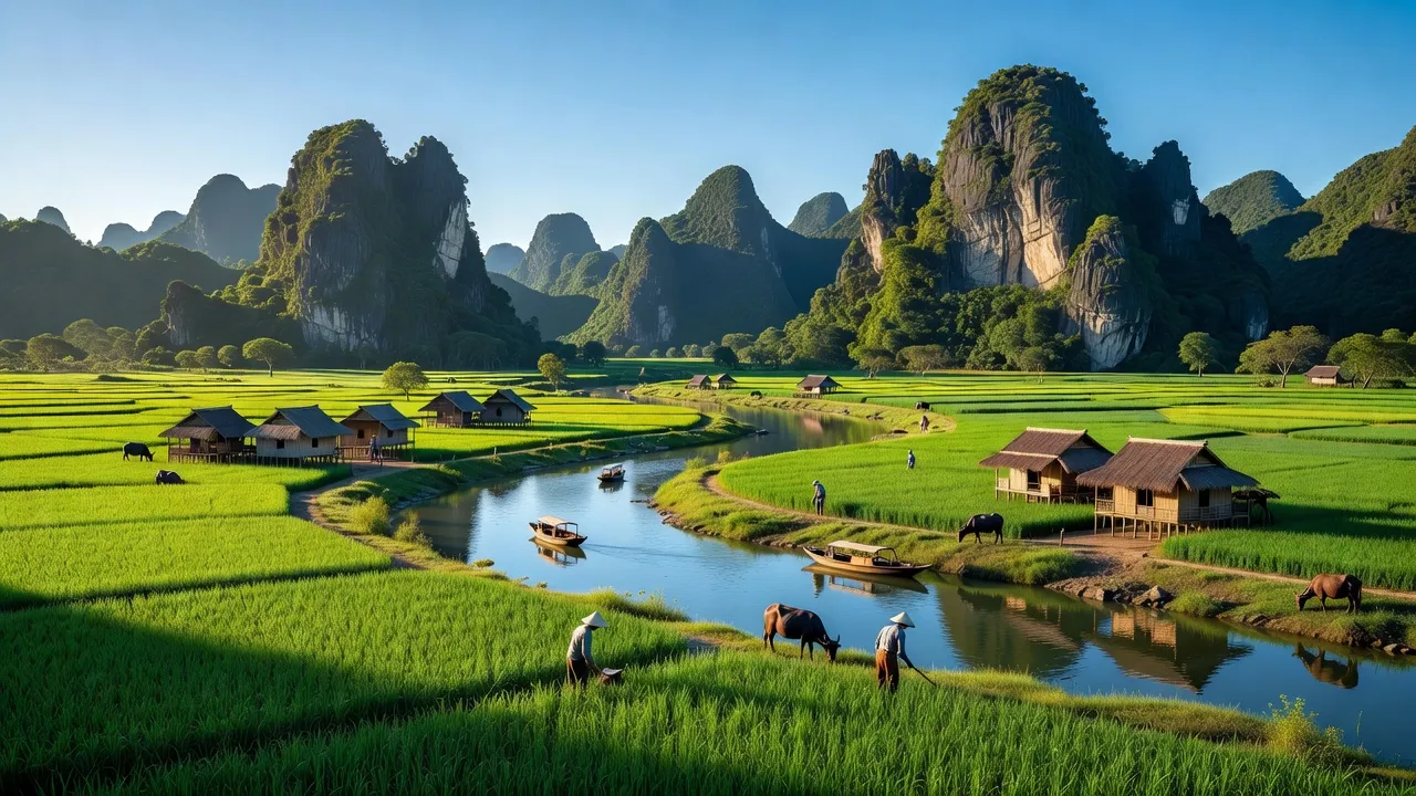 Ninh Bình, tỉnh Việt Nam, với núi đá vôi, cánh đồng xanh và dòng sông, tuyệt đẹp.