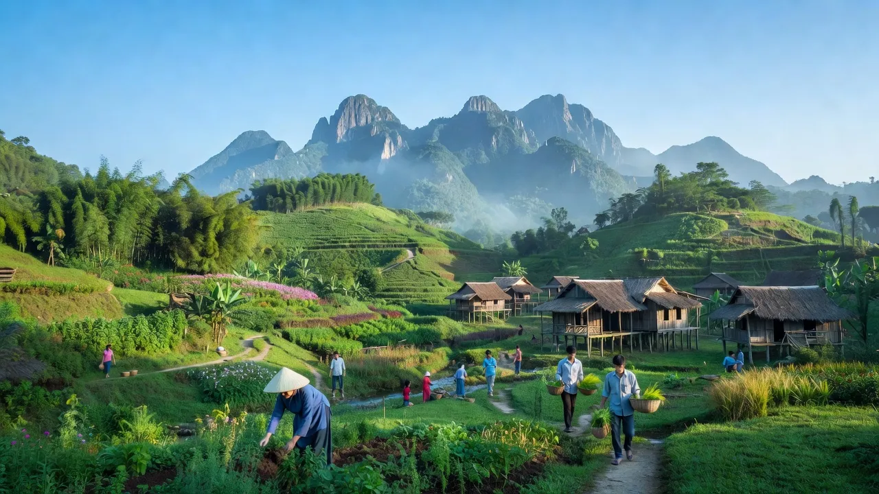 Cảnh quan Phước Bình, huyện Bác Ái, Ninh Thuận với núi non hùng vĩ và không khí trong lành.