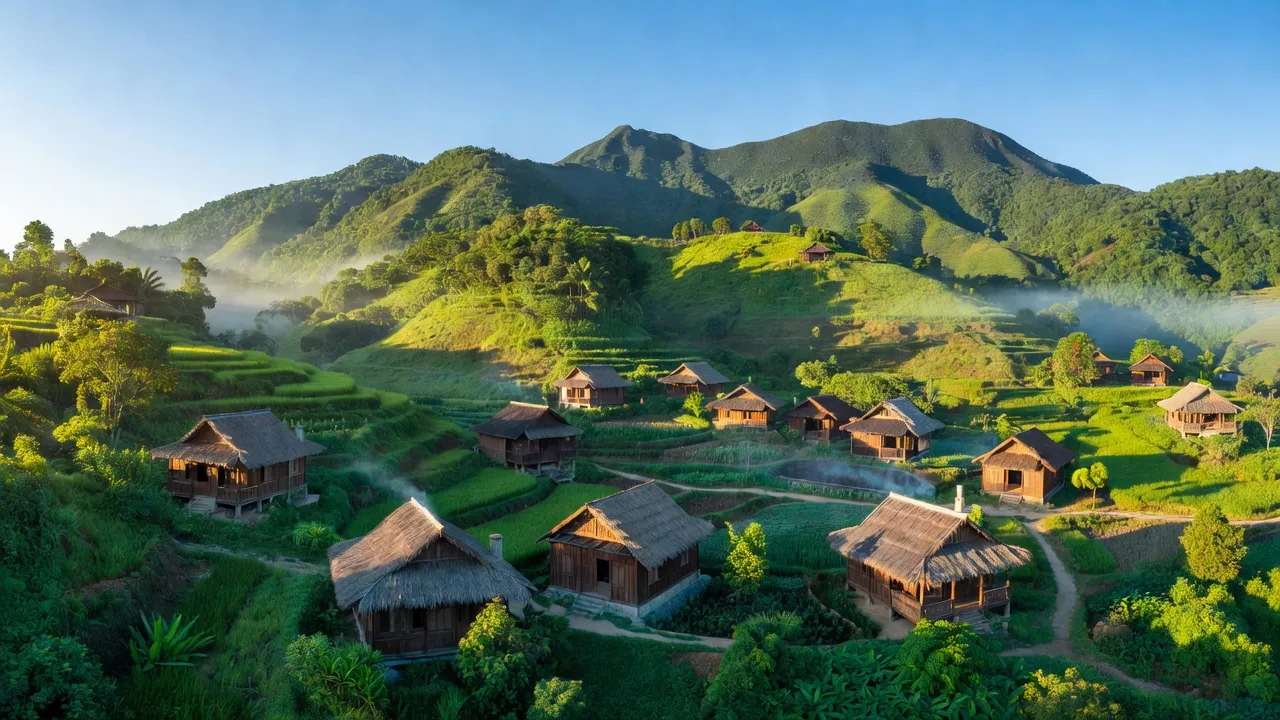 Khung cảnh đẹp ở xã Phước Bình, huyện Bác Ái, tỉnh Ninh Thuận với núi và nhà gỗ truyền thống.