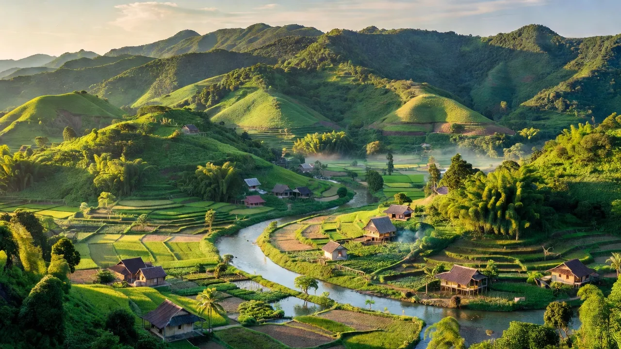 Khung cảnh xã Phước Chính huyện Bác Ái, Ninh Thuận, với núi xanh và ruộng nông nghiệp.