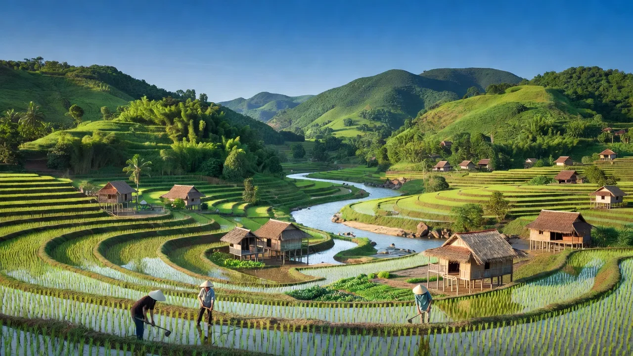 Phong cảnh xã Phước Chính, huyện Bác Ái, tỉnh Ninh Thuận, với đồng ruộng và sông suối xanh tươi.