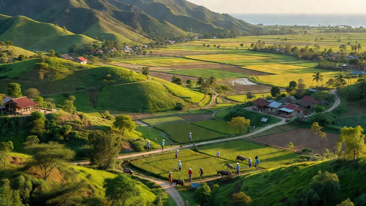 Địa hình xã Phước Hòa, huyện Bác Ái, tỉnh Ninh Thuận với đồng bằng và đồi núi xanh tươi.