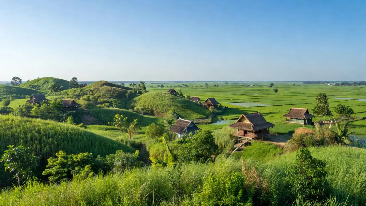 Khung cảnh đẹp của xã Phước Hòa, huyện Bác Ái, Ninh Thuận với đồi núi và đồng bằng.