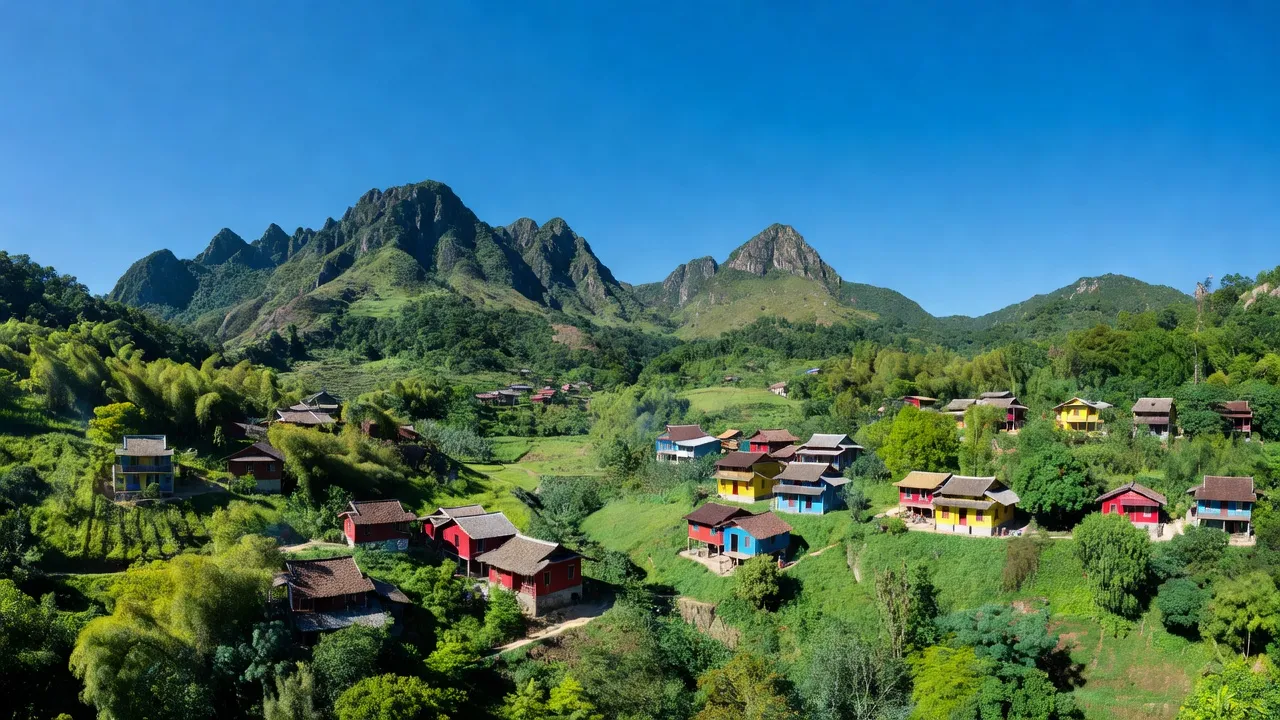 Khung cảnh xã Phước Thành, huyện Bác Ái, tỉnh Ninh Thuận với núi non và làng bản dân tộc.