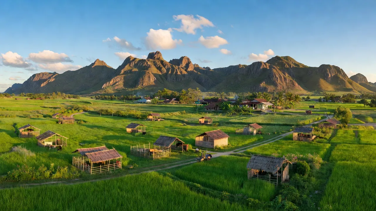Cảnh quan xã Phước Tiến, huyện Bác Ái, Ninh Thuận với núi non, cánh đồng xanh tươi.