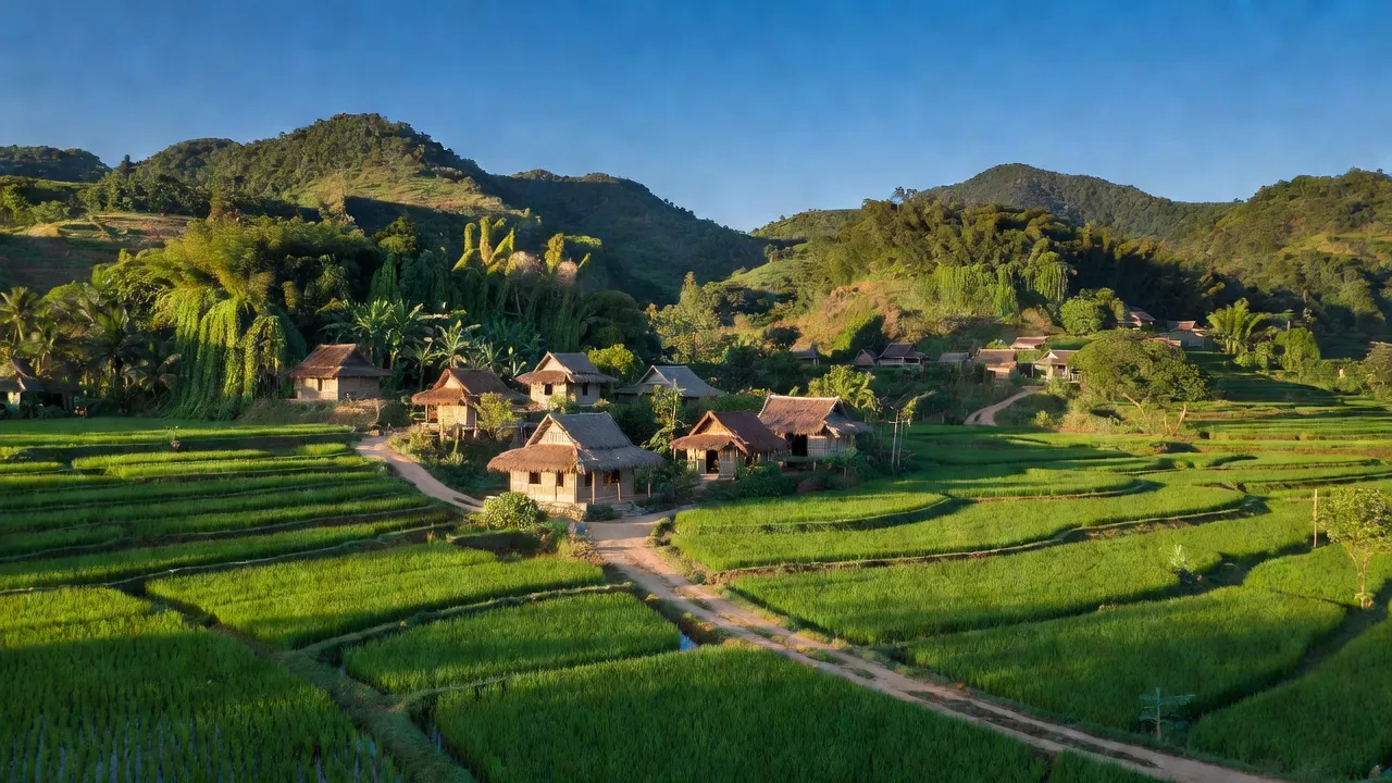 Khung cảnh Xã Phước Tiến, huyện Bác Ái, Ninh Thuận với núi non, nhà cửa truyền thống và đồng xanh.