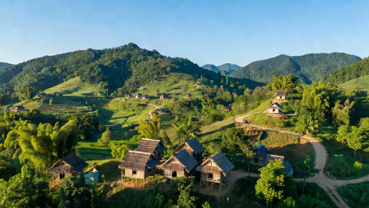 Cảnh đẹp Xã Phước Trung, huyện Bác Ái, Ninh Thuận với núi non xanh tươi và nhà truyền thống.