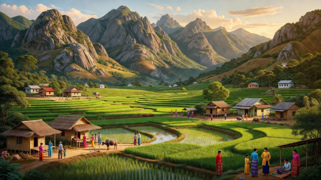 Khung cảnh xã Phước Trung, huyện Bác Ái, với núi non và cánh đồng xanh tươi tốt, Ninh Thuận.