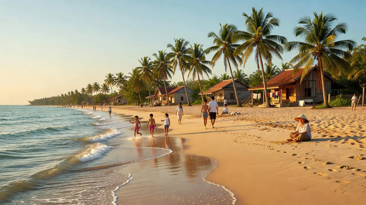 Khung cảnh biển Hộ Hải, Ninh Hải với bãi biển, sóng và người dân địa phương vui vẻ.