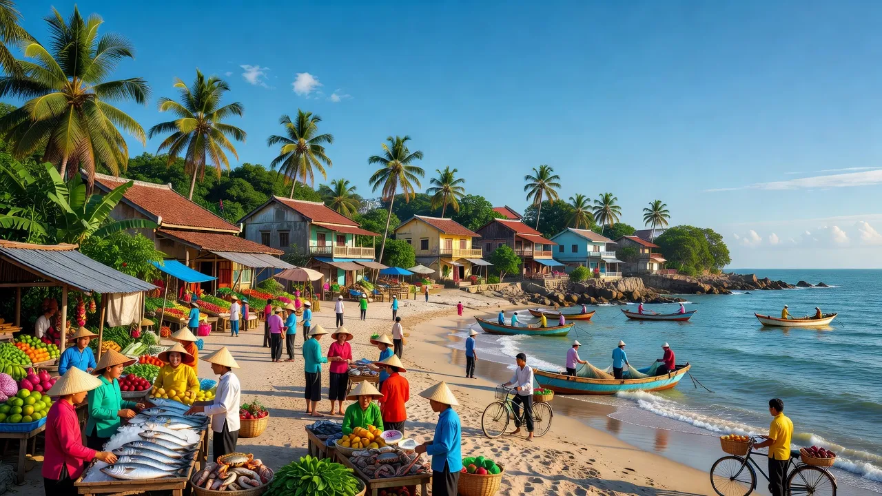 Khánh Hải town, Ninh Hải district, Ninh Thuận, featuring coastal life and community activities.