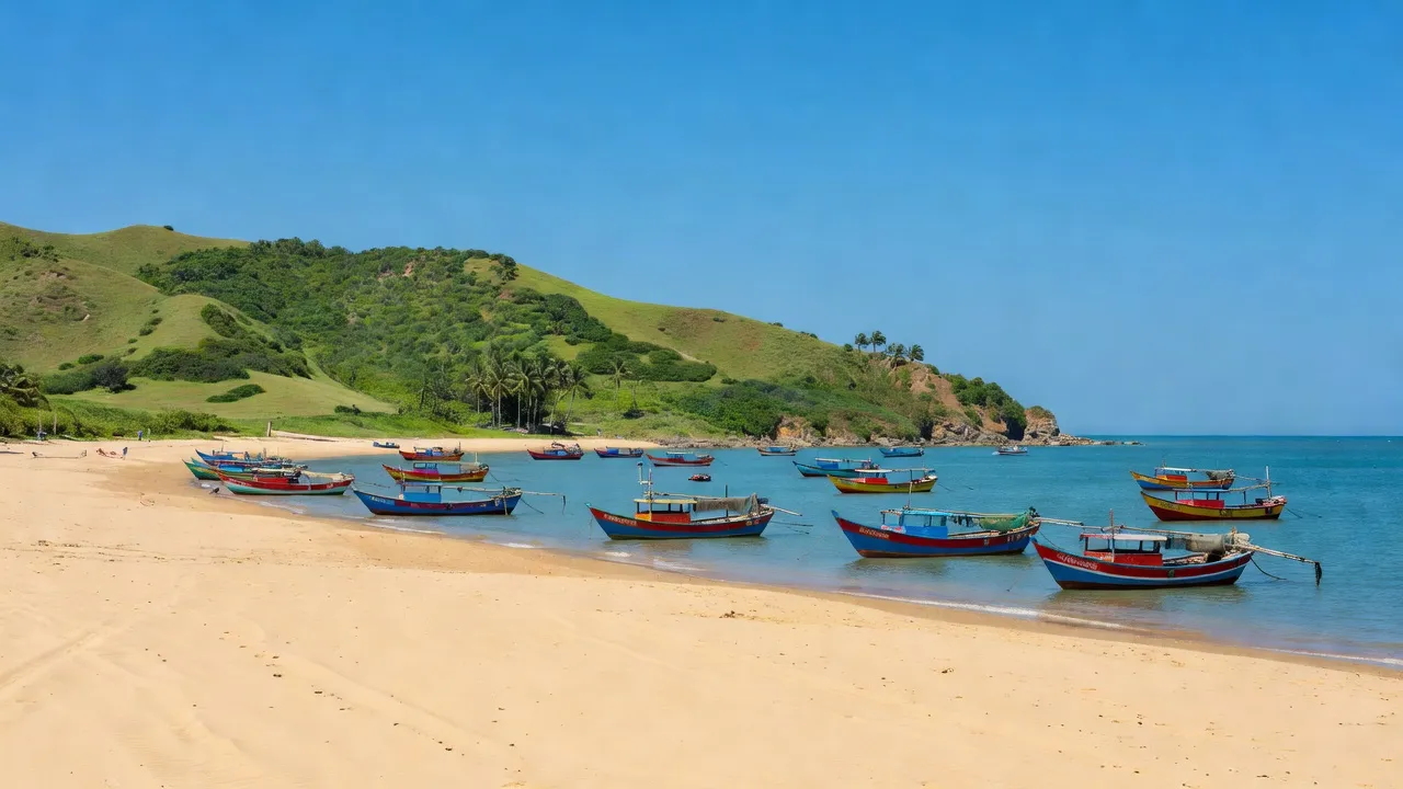 Khung cảnh ven biển xã Nhơn Hải, huyện Ninh Hải, tỉnh Ninh Thuận với bãi biển và thuyền đánh cá.