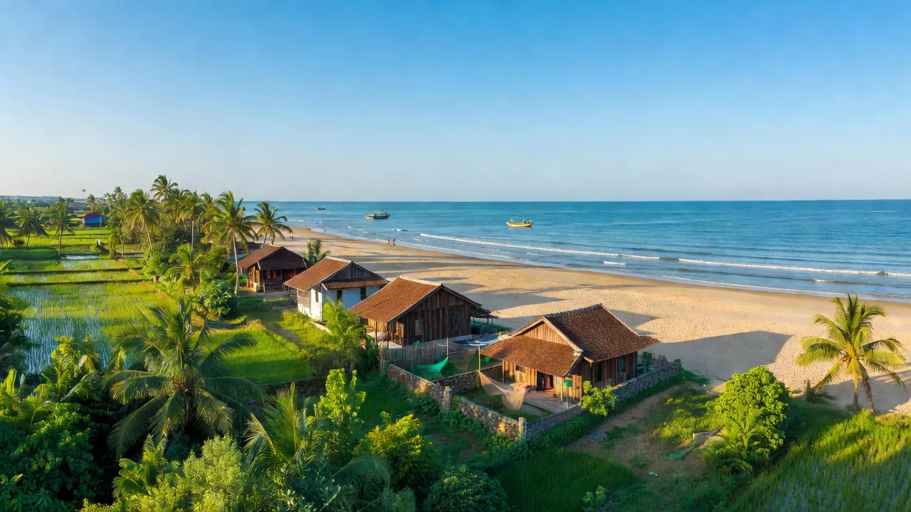 Khung cảnh đẹp của xã Phương Hải, huyện Ninh Hải, tỉnh Ninh Thuận, với những ngôi nhà ven biển và cây xanh.