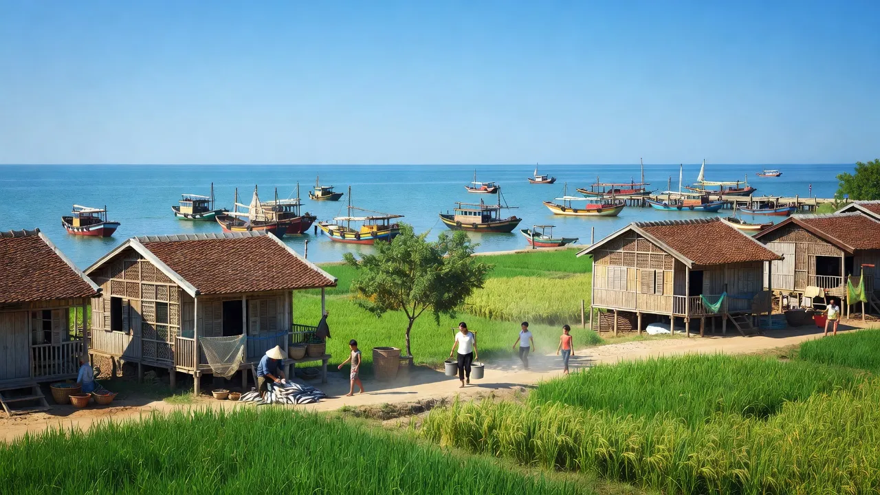 Cảng cá Ninh Chữ ở xã Tri Hải, huyện Ninh Hải, tỉnh Ninh Thuận với những chiếc tàu và cánh đồng xanh.