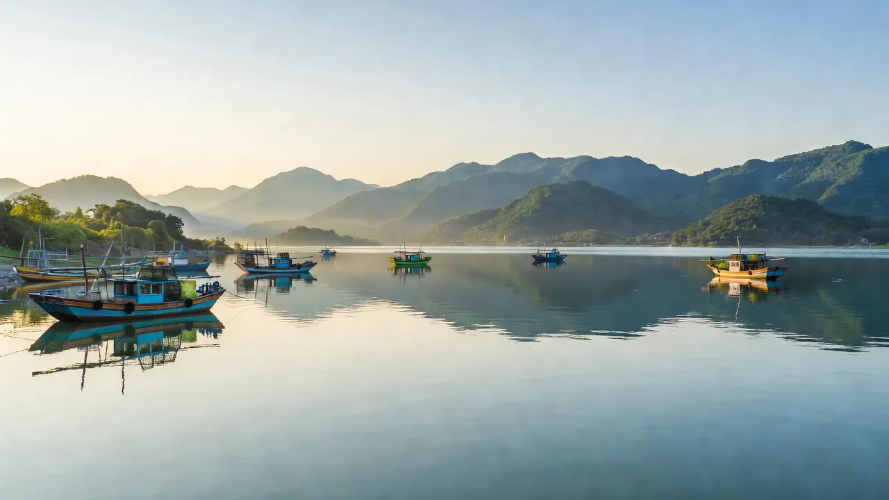 Cảng cá Ninh Chữ tại xã Tri Hải, huyện Ninh Hải, tỉnh Ninh Thuận, tàu thuyền, núi non và bầu trời.