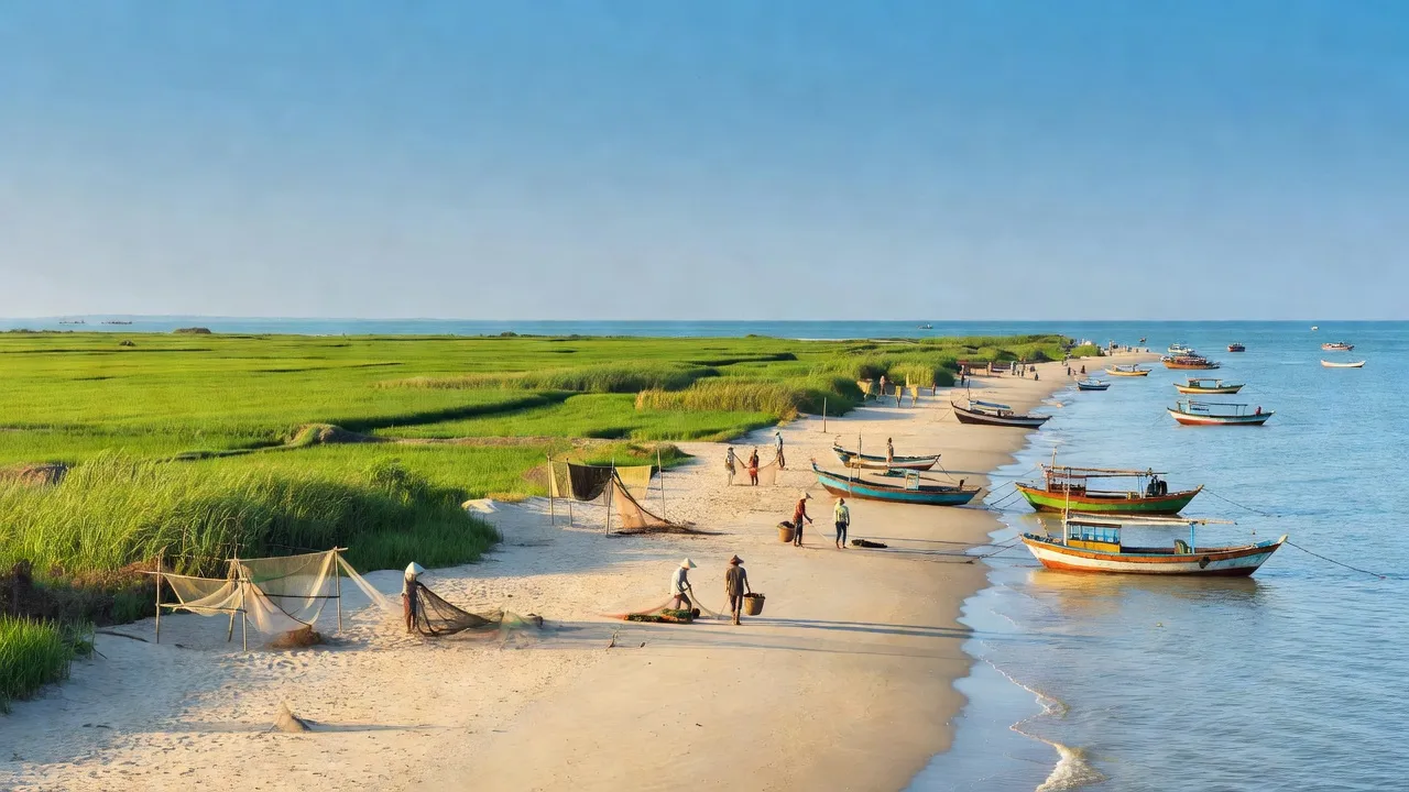 Khung cảnh biển đẹp của xã Vĩnh Hải, huyện Ninh Hải, tỉnh Ninh Thuận với bờ cát và thuyền đánh cá.