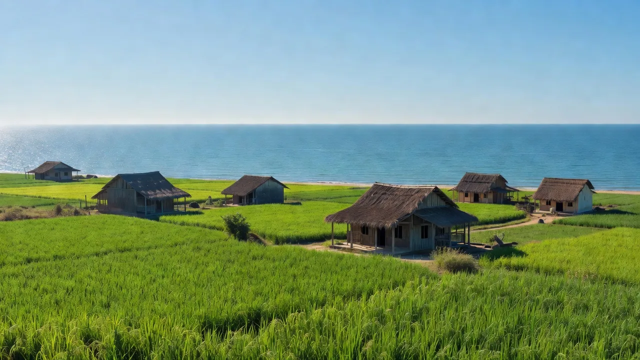 Quang cảnh Xã Xuân Hải, Huyện Ninh Hải với bãi biển xanh, cánh đồng xanh tươi, trời nắng.