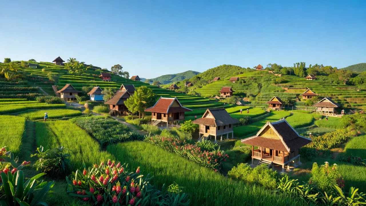 Cảnh quan huyện Ninh Phước, tỉnh Ninh Thuận với đồi xanh và nhà truyền thống, thể hiện vị trí chiến lược.