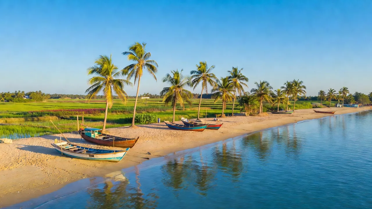 Cảnh biển An Hải, Ninh Phước, Ninh Thuận với thuyền đánh cá và cây dừa xanh tươi.