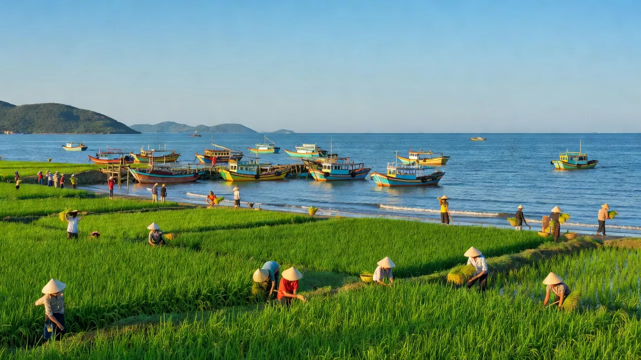 Khung cảnh ven biển xã An Hải, huyện Ninh Phước, tỉnh Ninh Thuận với thuyền cá và cánh đồng xanh.