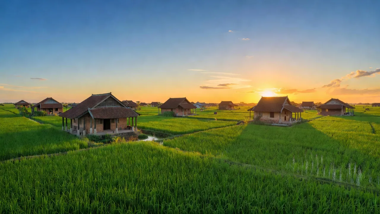 Khung cảnh làng Phước Hậu, Ninh Phước, Ninh Thuận với cánh đồng lúa xanh và nhà truyền thống.