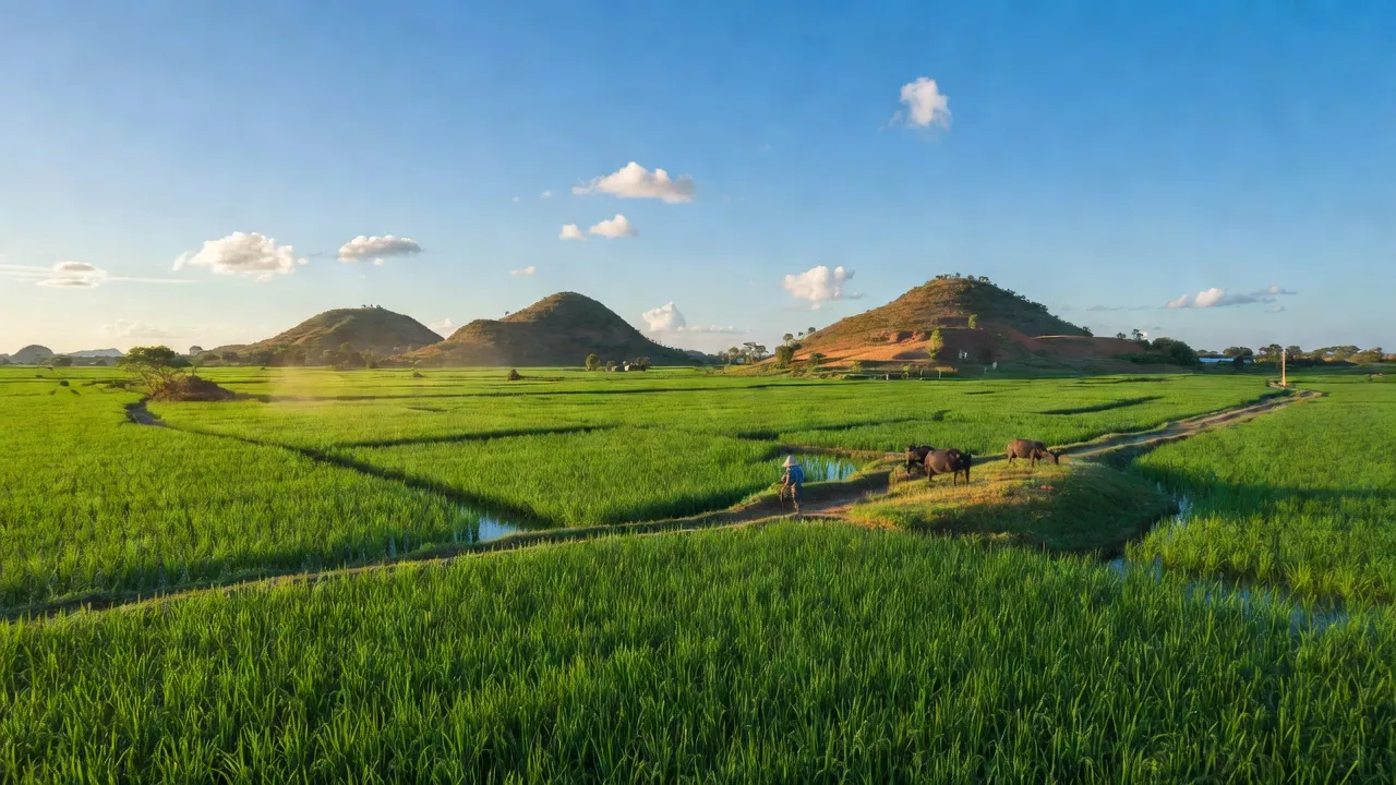 Cảnh quan nông thôn tại xã Phước Hữu, huyện Ninh Phước, tỉnh Ninh Thuận với cánh đồng xanh tươi.