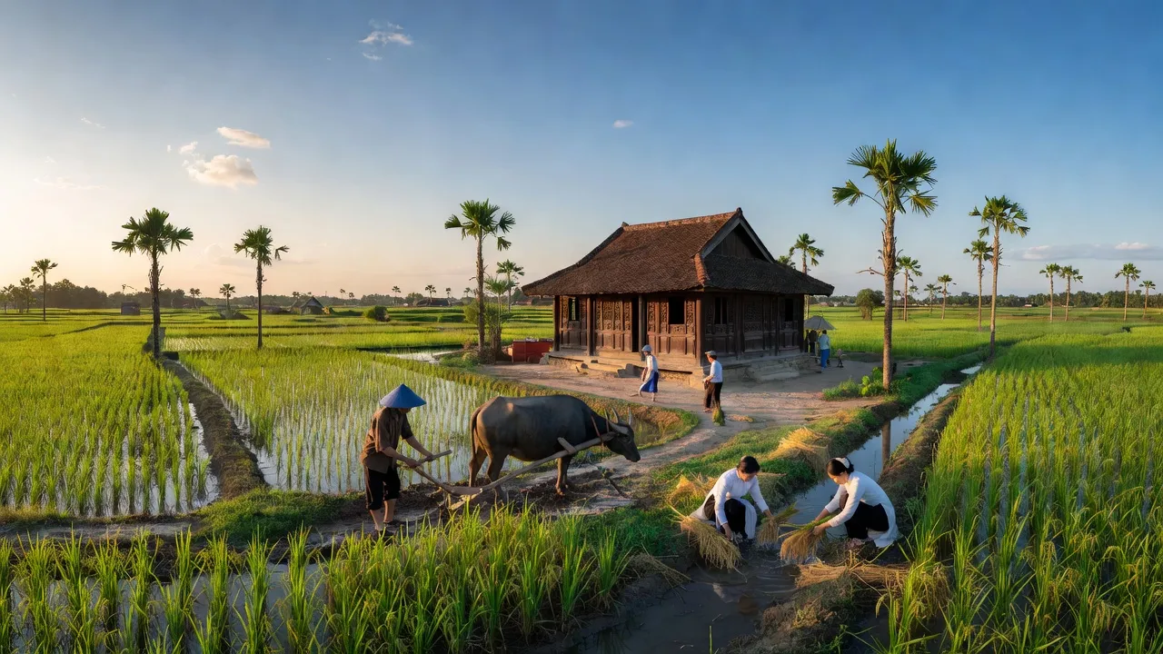 Khung cảnh yên bình của xã Phước Hữu, huyện Ninh Phước, với cánh đồng và nhà truyền thống.