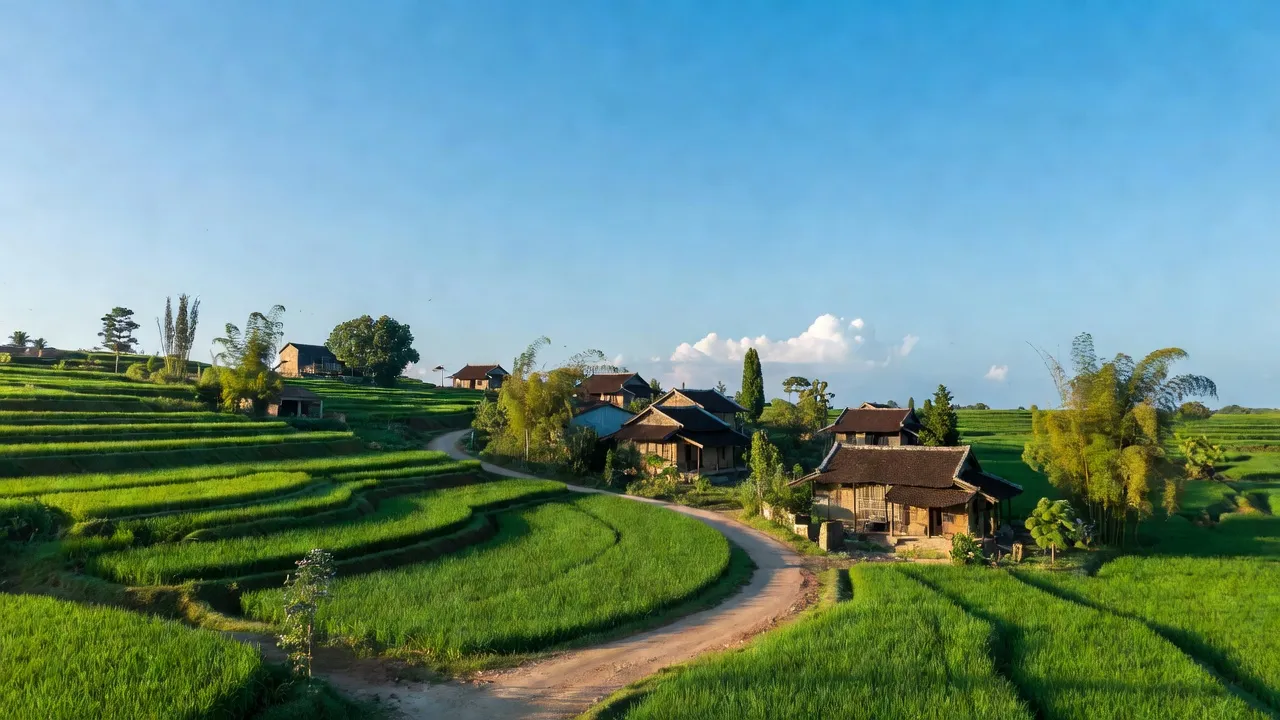 Khung cảnh yên bình xã Phước Sơn, huyện Ninh Phước, tỉnh Ninh Thuận với đường rural và nhà truyền thống.