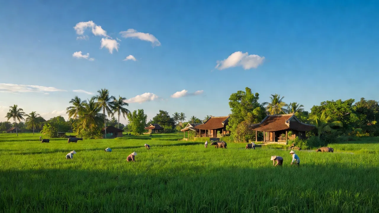 Khung cảnh xã Phước Thuận, huyện Ninh Phước, tỉnh Ninh Thuận với đồng ruộng và nhà dân.