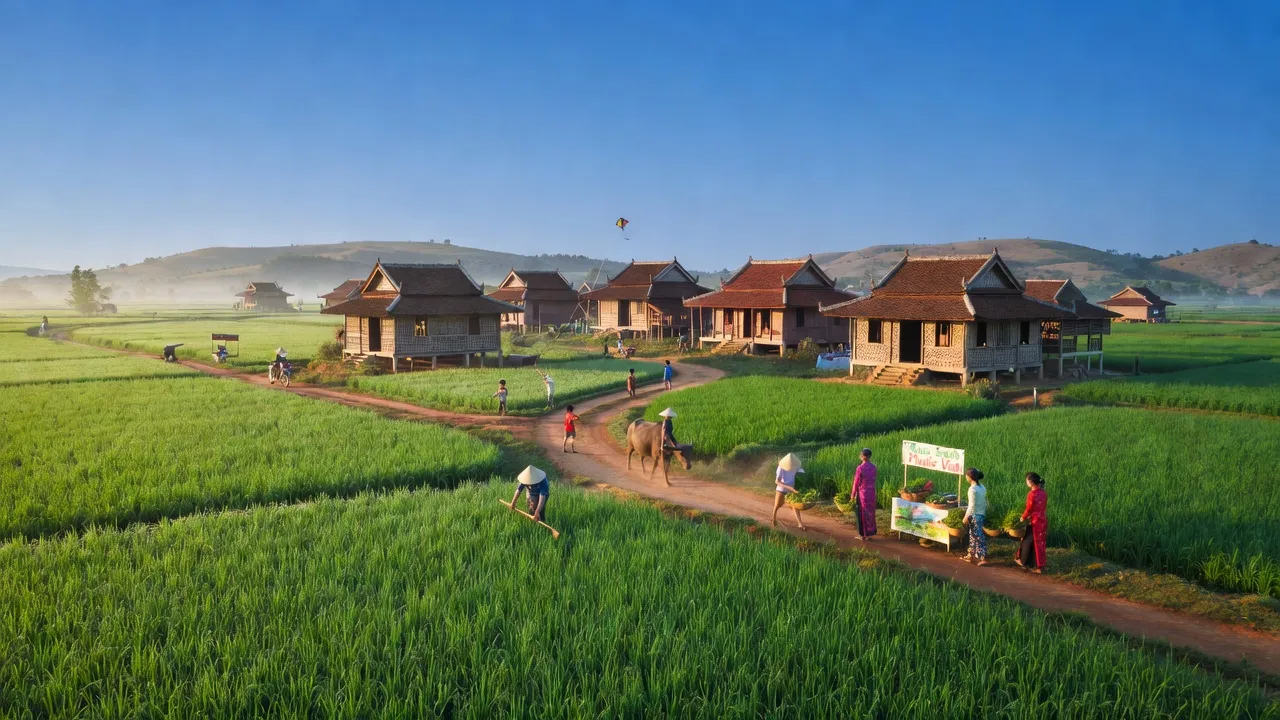 Khung cảnh thanh bình của xã Phước Vinh, huyện Ninh Phước, tỉnh Ninh Thuận, với kiến trúc địa phương và đồng quê xanh tươi.