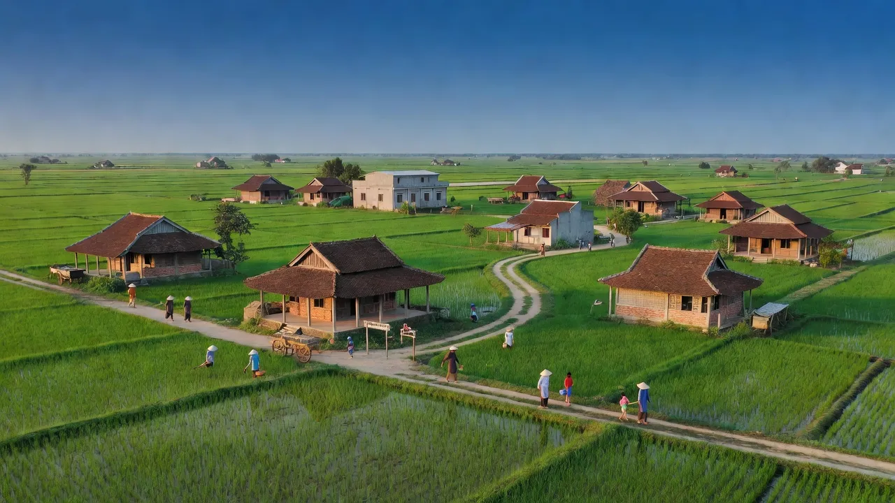Khung cảnh Xã Phước Vinh, Huyện Ninh Phước, với cánh đồng xanh và nhà truyền thống.