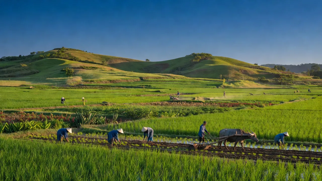 Cảnh quan huyện Ninh Sơn, tỉnh Ninh Thuận với đồng ruộng xanh tươi và đồi núi nhẹ, nông nghiệp phát triển.