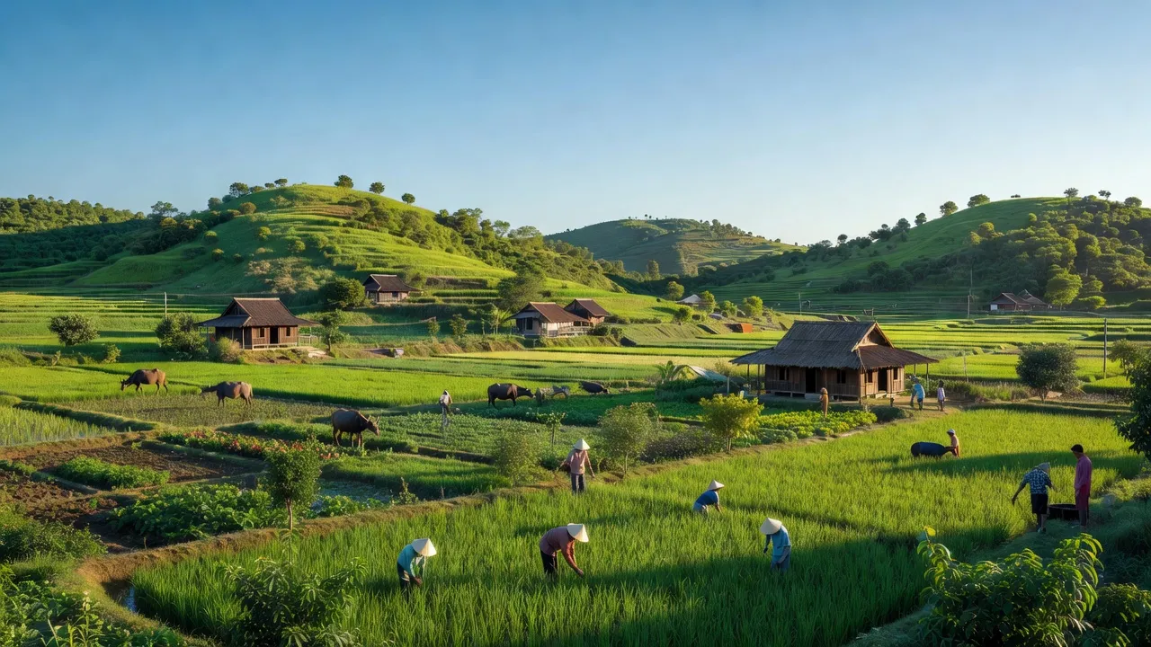 Huyện Ninh Sơn, Ninh Thuận: nông nghiệp phong phú, đồi núi thấp và cánh đồng xanh.