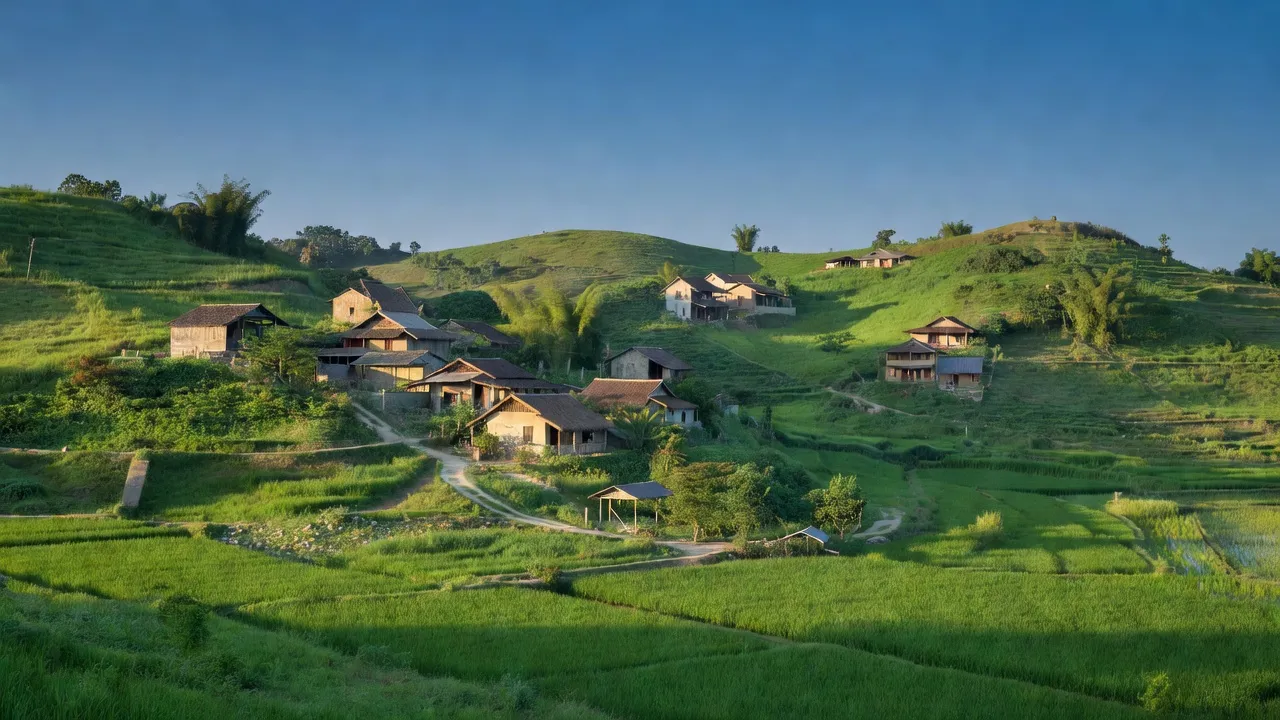 Cảnh sắc xã Hòa Sơn, huyện Ninh Sơn, tỉnh Ninh Thuận với đồi núi xanh tươi và nhà cửa, Việt Nam.