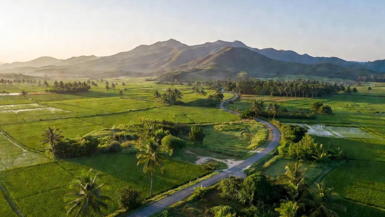 Khung cảnh thanh bình xã Hòa Sơn, huyện Ninh Sơn, tỉnh Ninh Thuận với núi đồi và cây cối.